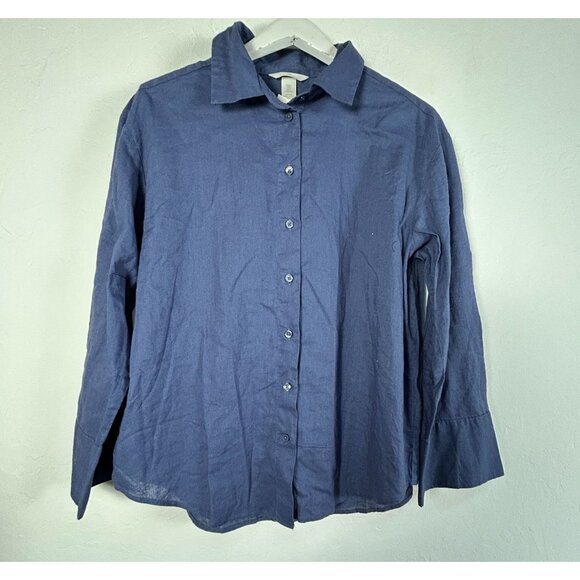H&M Womens Blue Linen Blend Long Sleeve Button-Up Shirt Top Medium Casual New - Picture 1 of 8
